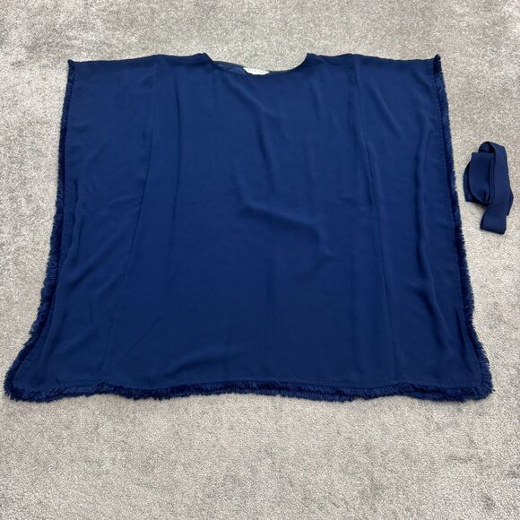 Trina Turk Poncho Belted Tunic Blouse Womens Medium Nacy Blue Oversized Fringe - Picture 1 of 11